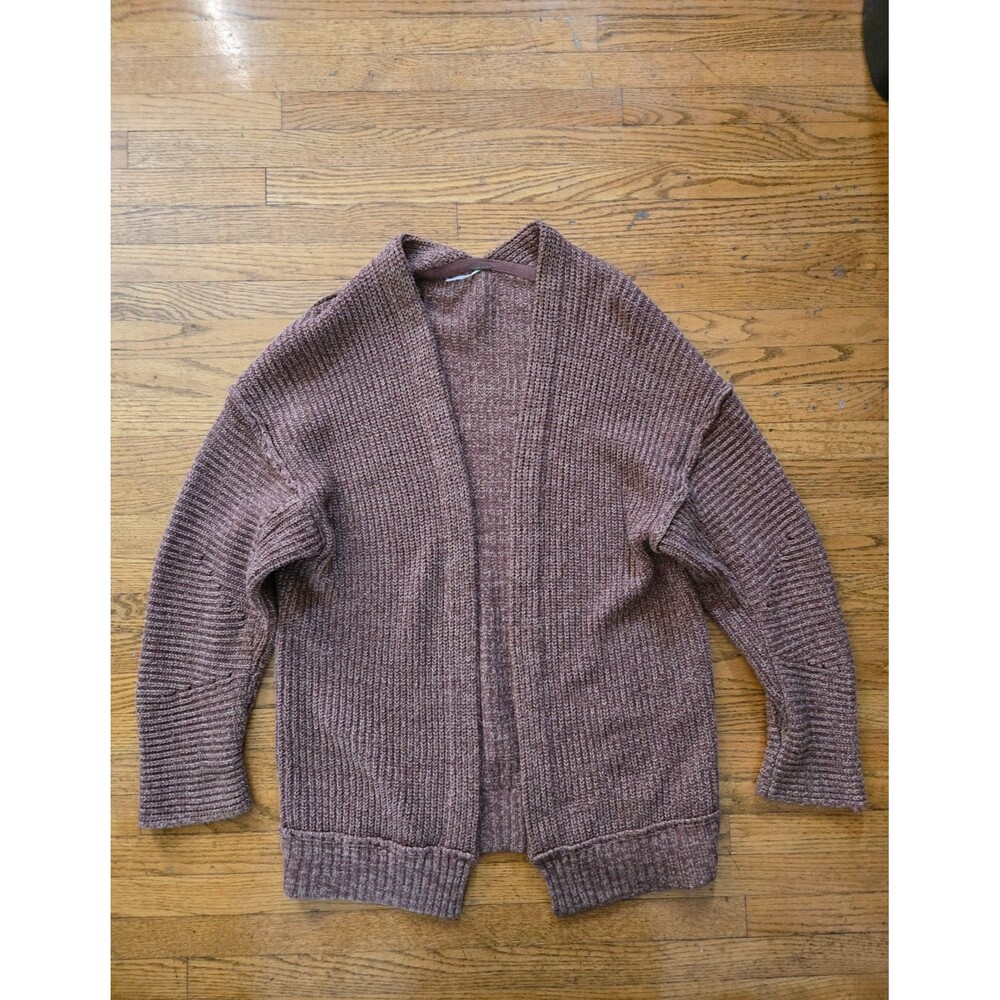 Free People Long Open Front Ribbed Knit Cardigan Sweater Brown Size Large Chunky